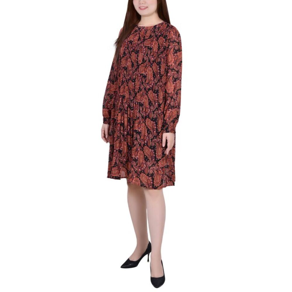 NY Collection Petite Long Sleeve Pleated Dress